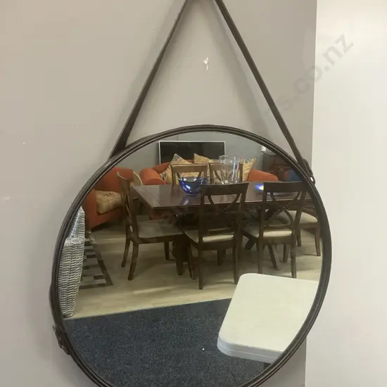 Brown Round Steel Wall Mirror With Leather Hanger. Dia 55cm