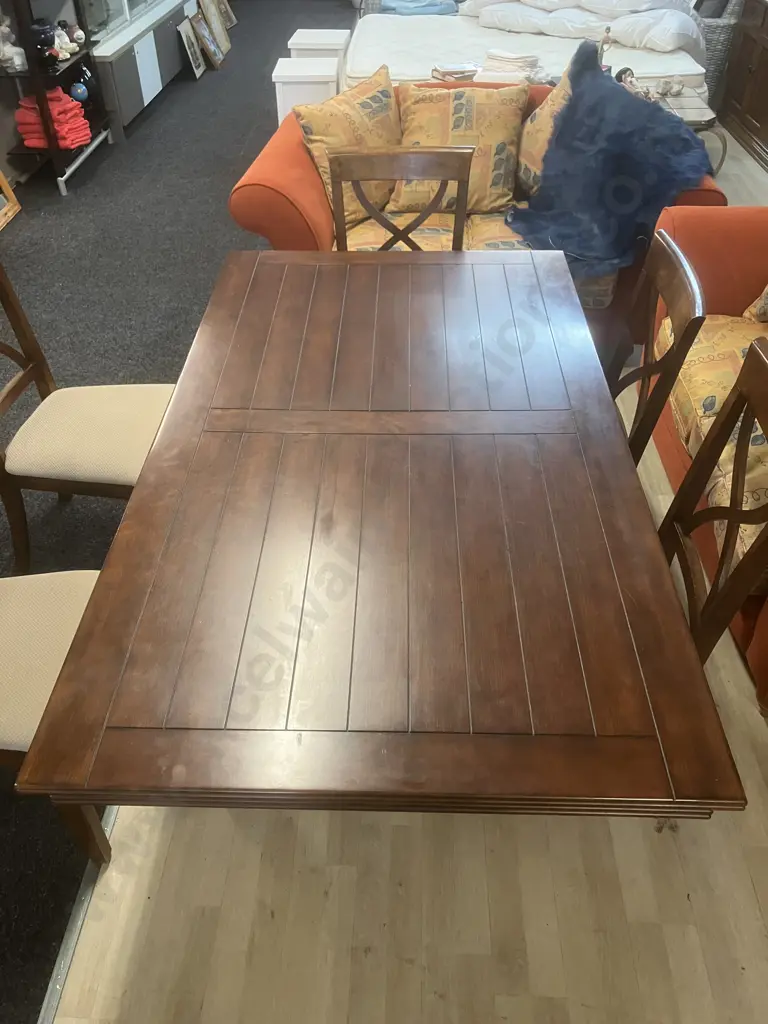 Wooden Trestle Base Dining Table (181 x 100.5cm) With Six Wooden Cross Back Beige Fabric Upholstered Dining Chairs Image 1++