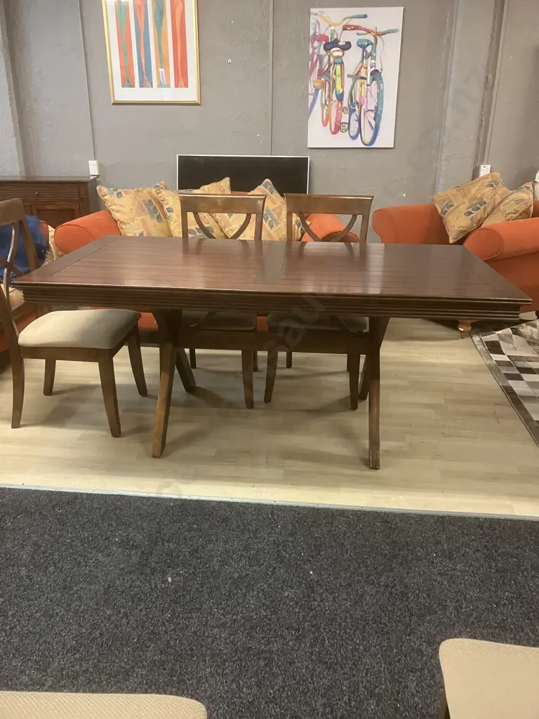 Wooden Trestle Base Dining Table (181 x 100.5cm) With Six Wooden Cross Back Beige Fabric Upholstered Dining Chairs Image 1++