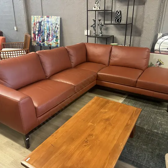 3 Seater Leather Corner Sofa with Chaise, Terracotta Colour - Ex Furniture Zone