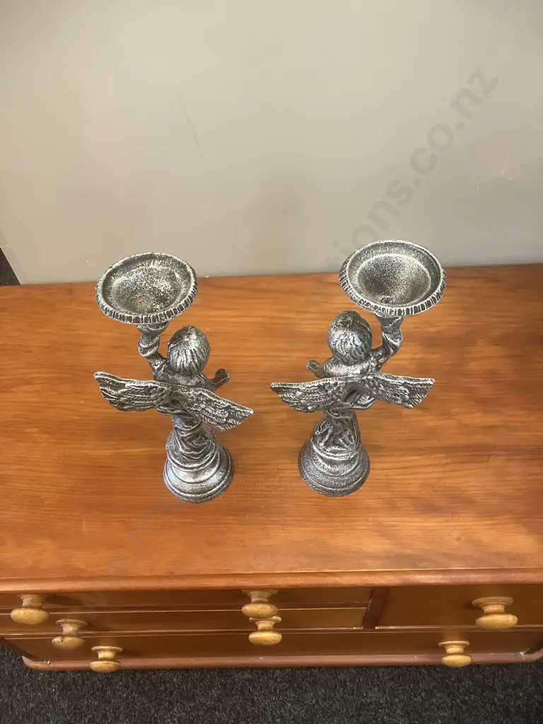 Pair of Silver Colour Cast Iron Angel Candle Sticks. H50cm Image 1++