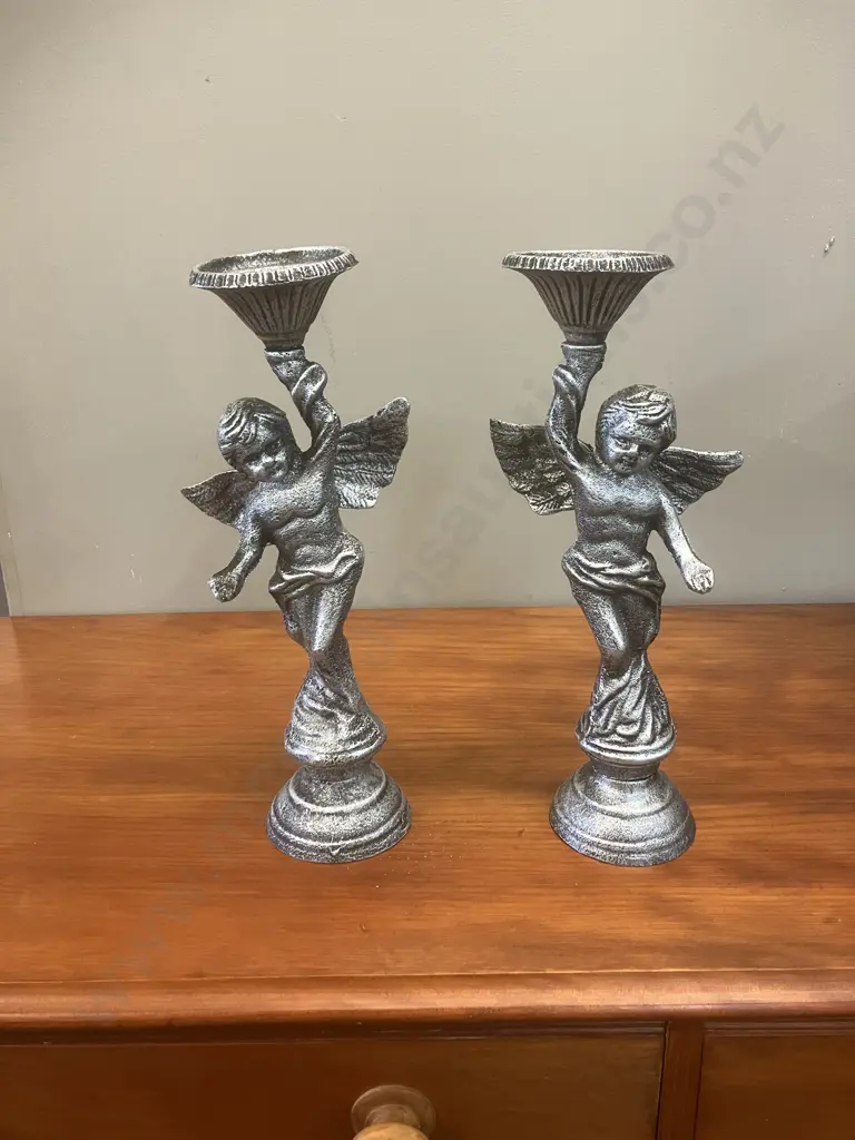 Pair of Silver Colour Cast Iron Angel Candle Sticks. H50cm Image 1++