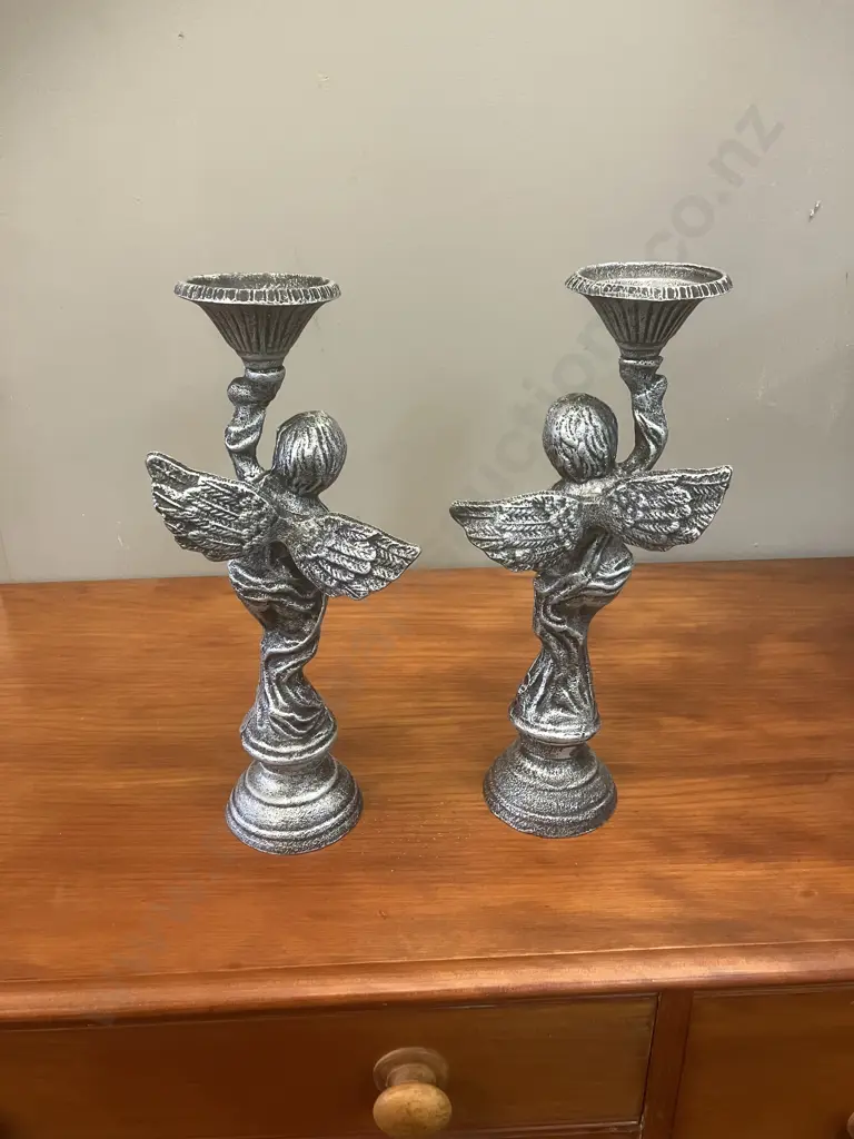 Pair of Silver Colour Cast Iron Angel Candle Sticks. H50cm Image 1++