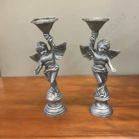 Pair of Silver Colour Cast Iron Angel Candle Sticks. H50cm