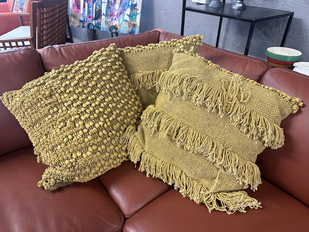 Three Mustard Colour Fabric Cushions Image 1++