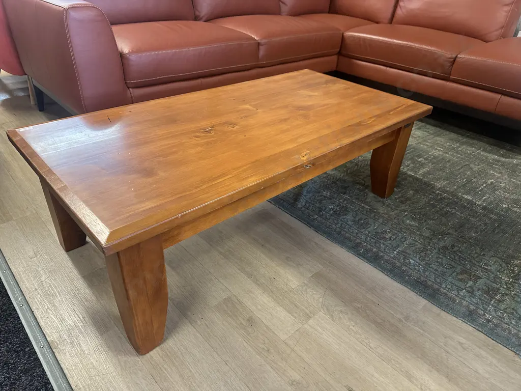 Woodpeckers Solid Rimu Badged Coffee Table With Shaped Top Edge. H80 W120 D60cm Image 1++