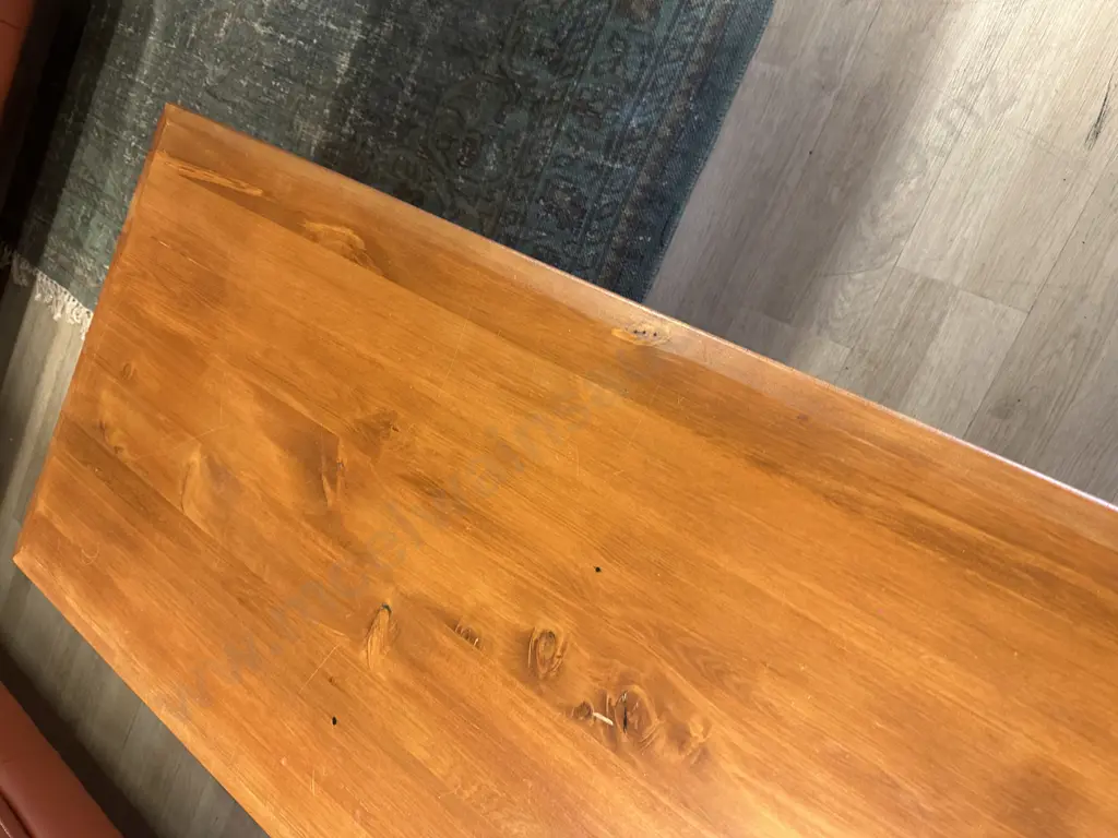 Woodpeckers Solid Rimu Badged Coffee Table With Shaped Top Edge. H80 W120 D60cm Image 1++