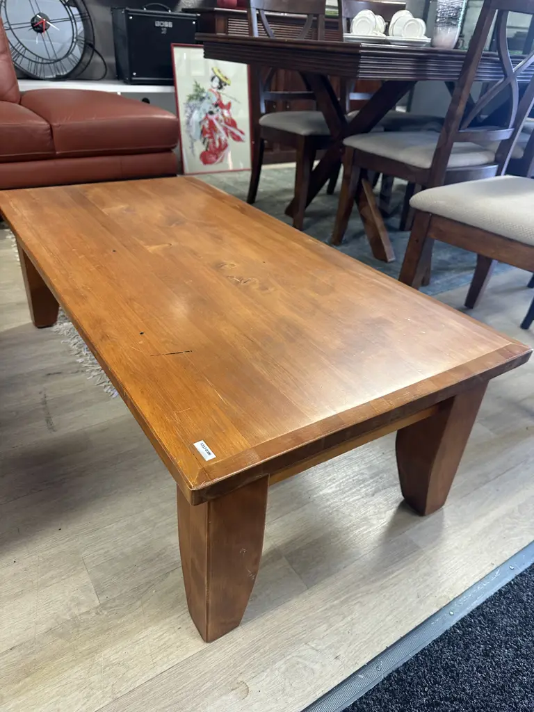 Woodpeckers Solid Rimu Badged Coffee Table With Shaped Top Edge. H80 W120 D60cm Image 1++