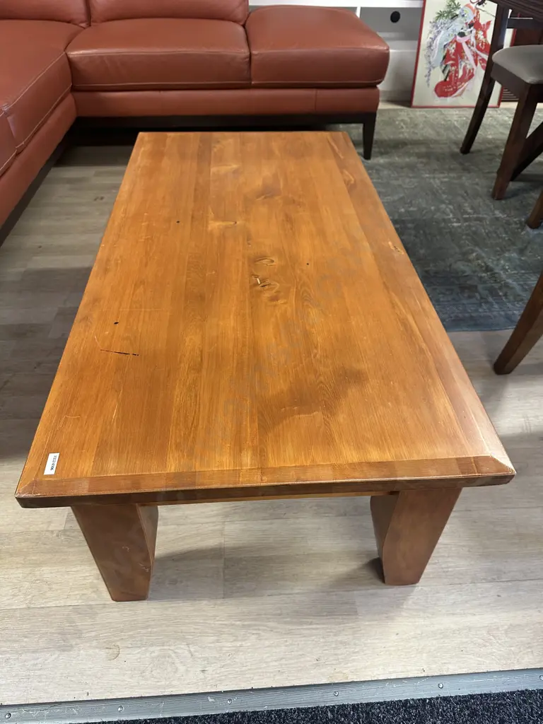 Woodpeckers Solid Rimu Badged Coffee Table With Shaped Top Edge. H80 W120 D60cm Image 1++