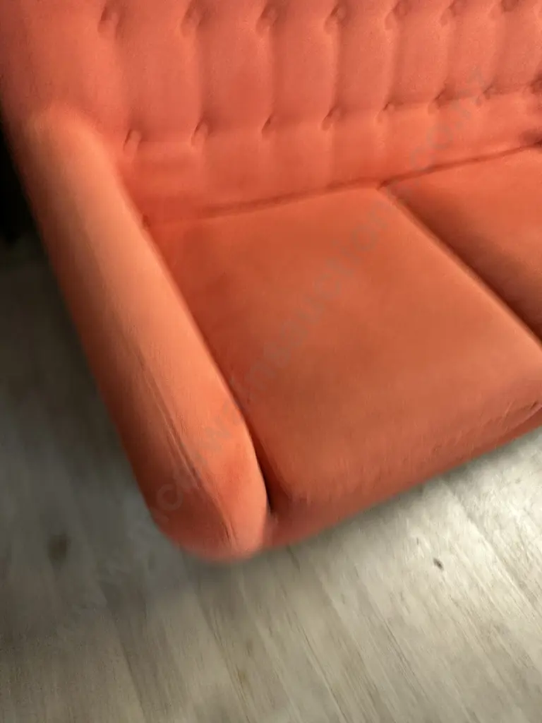 Orange Button Back Fabric 2 Seater Sofa With Naked Wooden Legs Image 1++