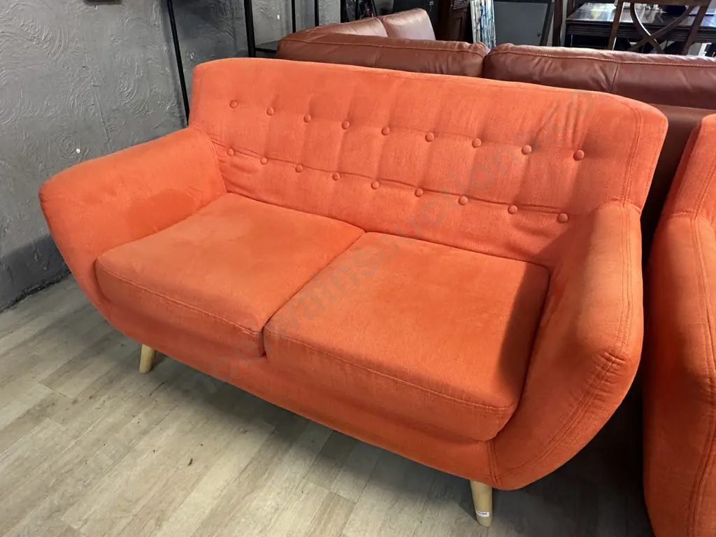 Orange Button Back Fabric 2 Seater Sofa With Naked Wooden Legs Image 1++