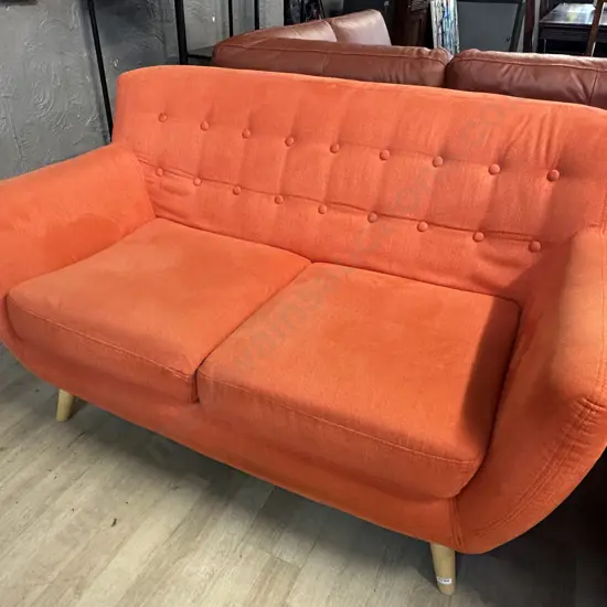 Orange Button Back Fabric 2 Seater Sofa With Naked Wooden Legs