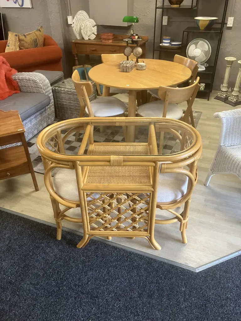 Vintage Bamboo Rattan 'Honeymoon' Bistro Table & Chairs. H76 W99 D55cm Image 1++