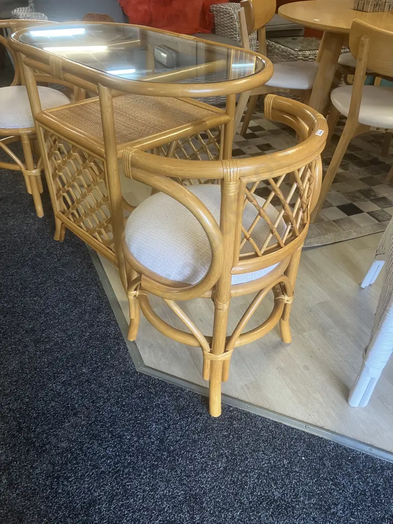 Vintage Bamboo Rattan 'Honeymoon' Bistro Table & Chairs. H76 W99 D55cm Image 1++