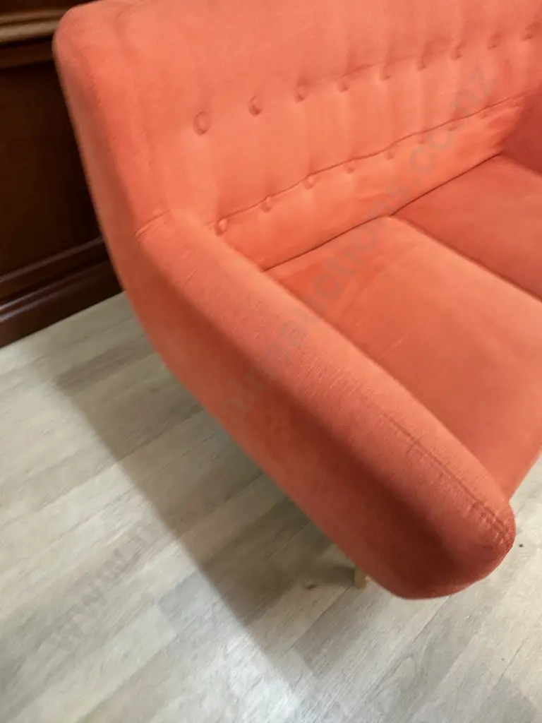 Orange Button Back Fabric 2 Seater Sofa With Naked Wooden Legs Image 1++