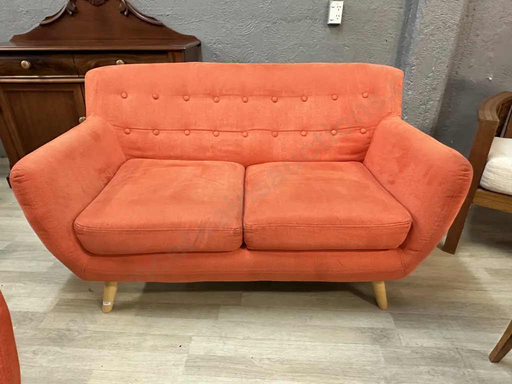 Orange Button Back Fabric 2 Seater Sofa With Naked Wooden Legs Image 1++