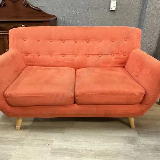 Orange Button Back Fabric 2 Seater Sofa With Naked Wooden Legs