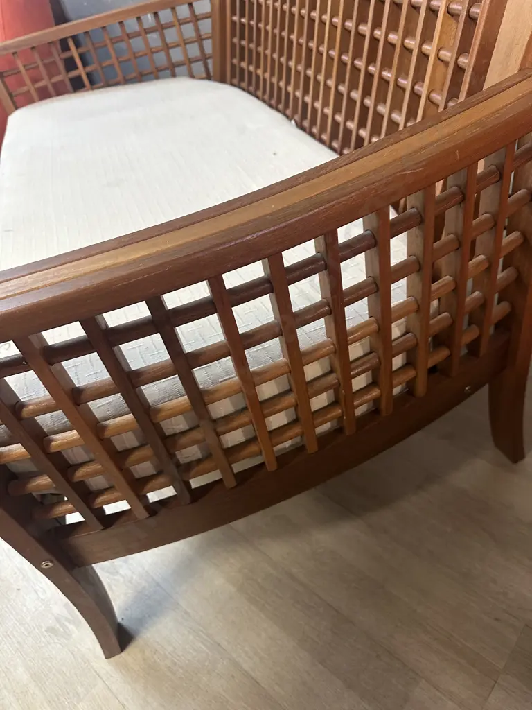 Teak Curved Arm Couch With Square Patterned Infill. H89 W146 D73cm Image 1++