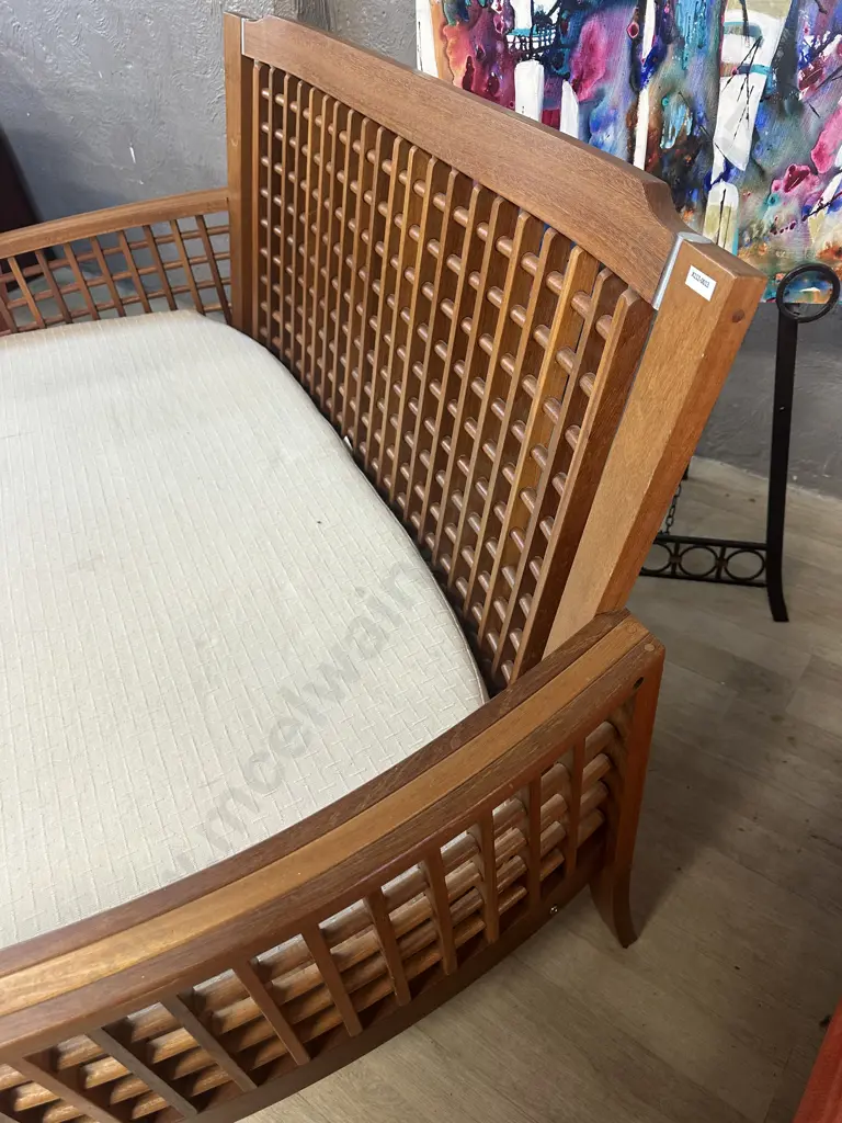 Teak Curved Arm Couch With Square Patterned Infill. H89 W146 D73cm Image 1++