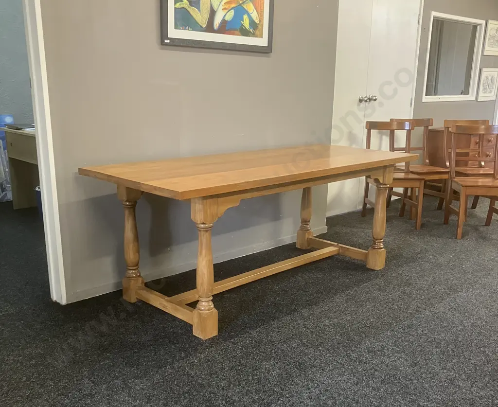 Vintage Heavy Kauri Refectory Table With a Stretcher Base. H75.5 W195 D84cm Image 1++