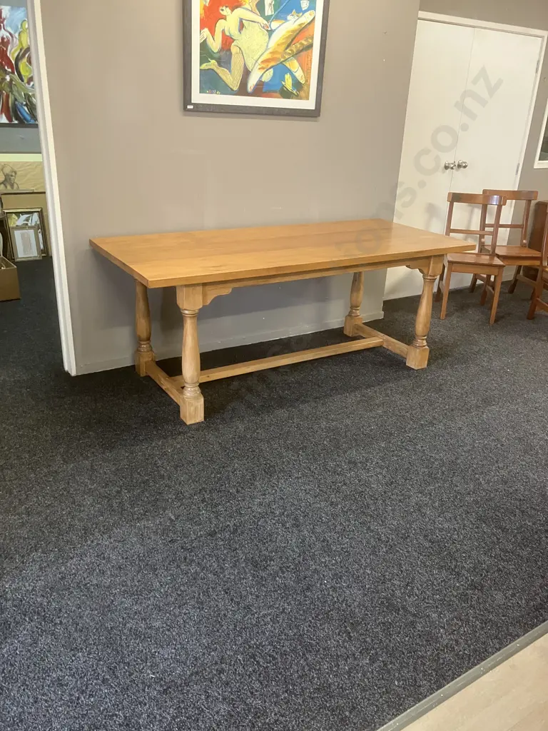 Vintage Heavy Kauri Refectory Table With a Stretcher Base. H75.5 W195 D84cm Image 1++