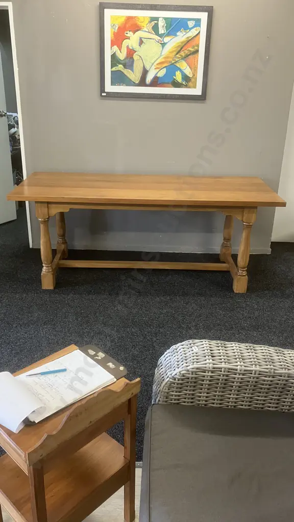 Vintage Heavy Kauri Refectory Table With a Stretcher Base. H75.5 W195 D84cm Image 1++