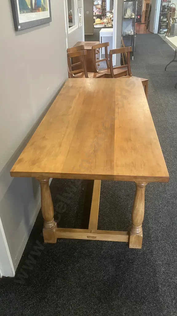Vintage Heavy Kauri Refectory Table With a Stretcher Base. H75.5 W195 D84cm Image 1++
