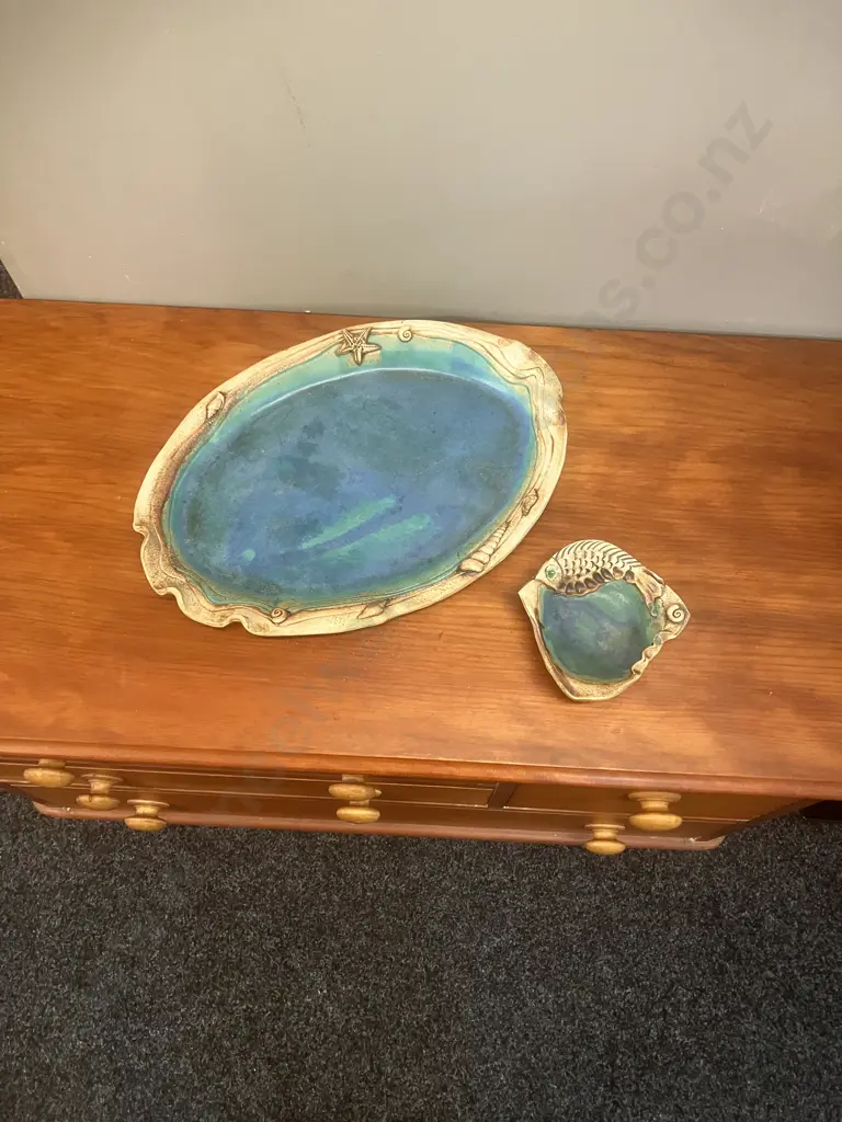 Natalie Harrop Dragon-Worx Pottery New Zealand 'Ocean Theme' Large Platter 45.5 x 32.5cm & Bowl Image 1++