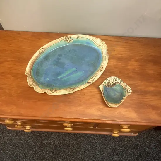 Natalie Harrop Dragon-Worx Pottery New Zealand 'Ocean Theme' Large Platter 45.5 x 32.5cm & Bowl