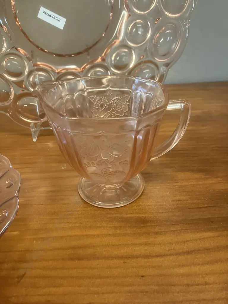 Pink Depression Glass Shell Trinket Dish, 'Mayfair' Footed Creamer, Round Bubble Plate Image 1++