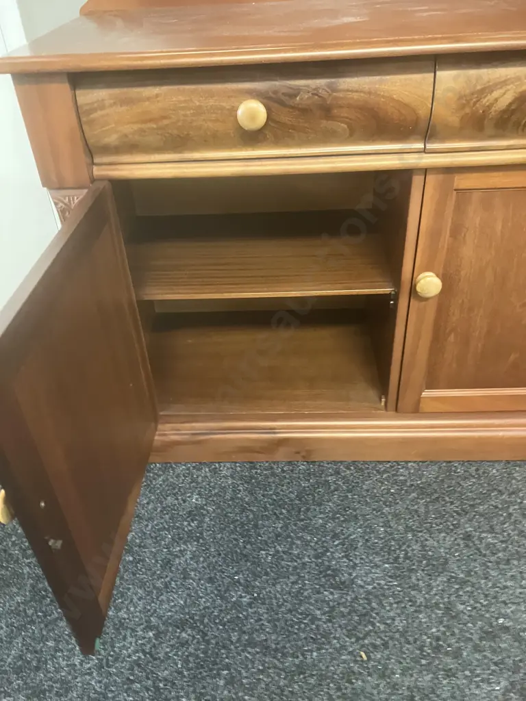 Mahogany Two Drawer Chiffonier, Carved Supports & Back Piece, Two Door. H114 W120 D48cm Image 1++