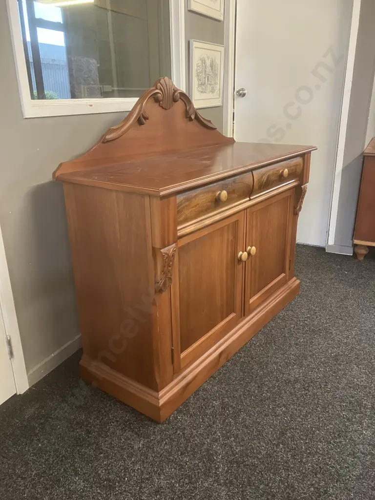Mahogany Two Drawer Chiffonier, Carved Supports & Back Piece, Two Door. H114 W120 D48cm Image 1++