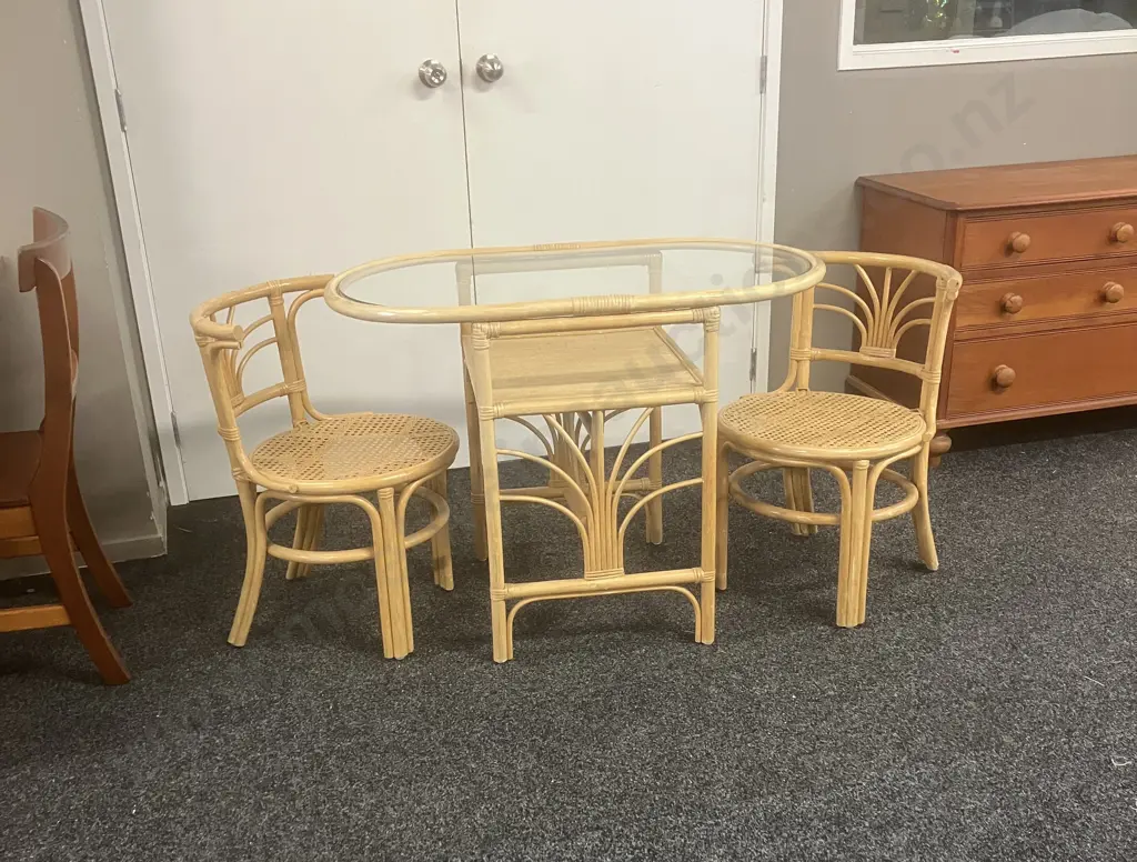 Vintage Bamboo Rattan 'Honeymoon' Bistro Table & Chairs. H74 W100 D55cm Image 1++