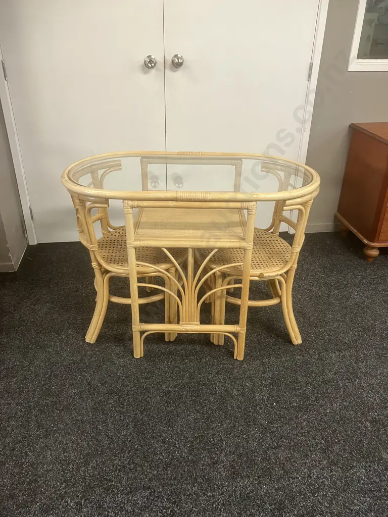 Vintage Bamboo Rattan 'Honeymoon' Bistro Table & Chairs. H74 W100 D55cm Image 1++