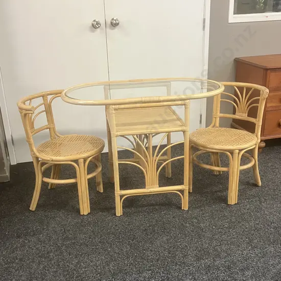 Vintage Bamboo Rattan 'Honeymoon' Bistro Table & Chairs. H74 W100 D55cm