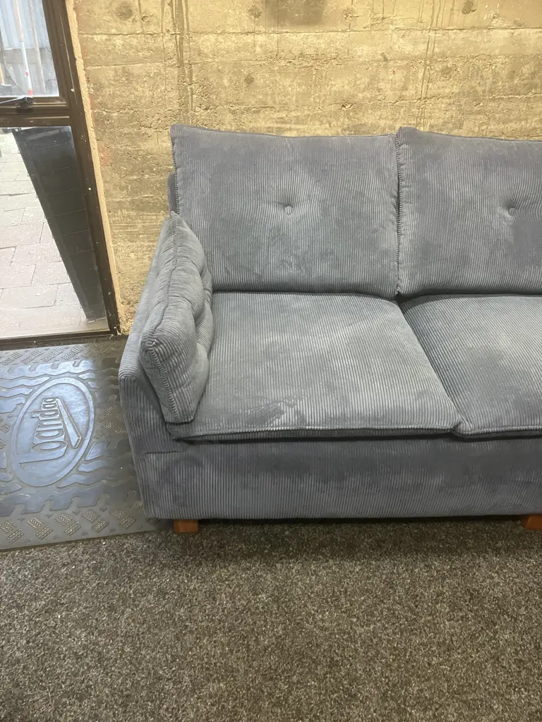 Blue Corduroy Fabric 3 Seater Sofa With Wooden Legs. 197 x 80cm Image 1++