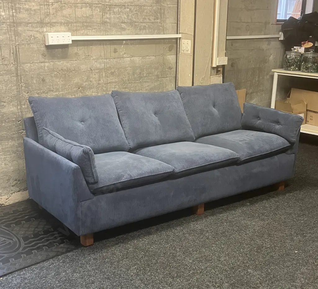 Blue Corduroy Fabric 3 Seater Sofa With Wooden Legs. 197 x 80cm Image 1++