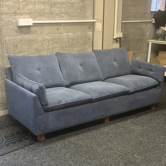 Blue Corduroy Fabric 3 Seater Sofa With Wooden Legs. 197 x 80cm