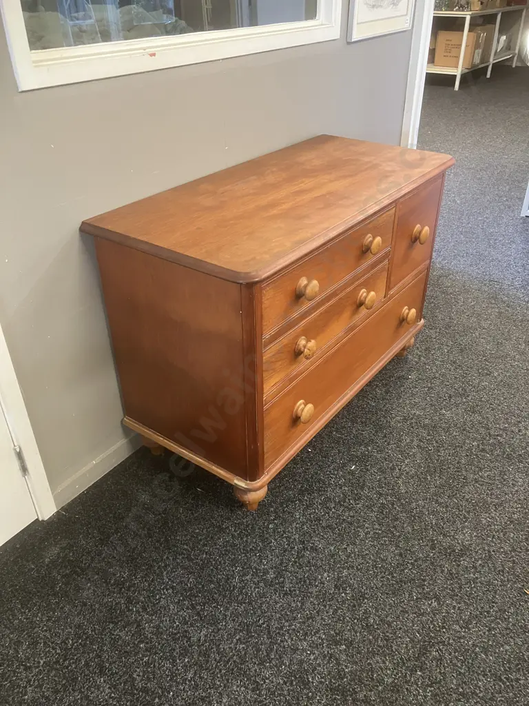 Colonial Antique Pine 4 Drawer Chest, Wooden Handles, Turned Bun Feet. H72 W107 D49.5cm Image 1++