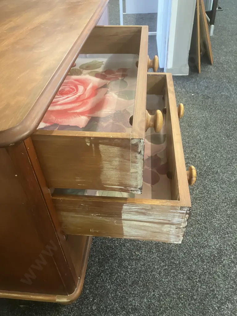 Colonial Antique Pine 4 Drawer Chest, Wooden Handles, Turned Bun Feet. H72 W107 D49.5cm Image 1++