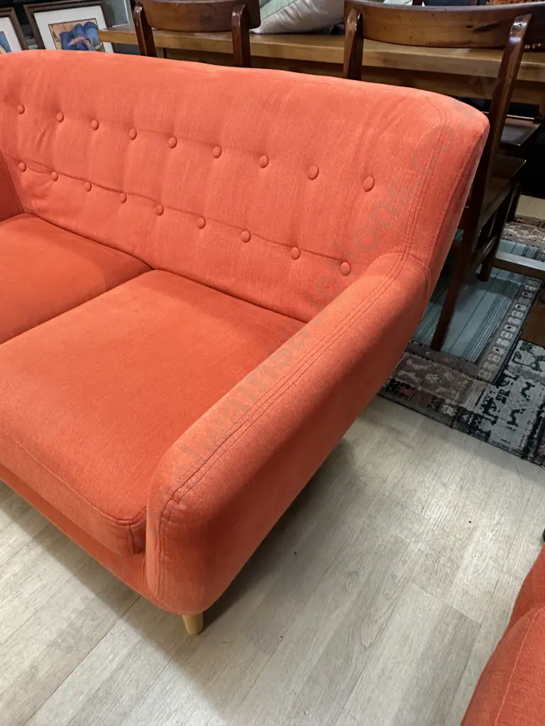 Orange Button Back Fabric 2 Seater Sofa With Naked Wooden Legs Image 1++