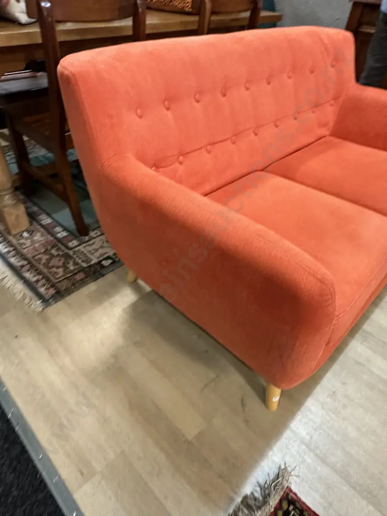Orange Button Back Fabric 2 Seater Sofa With Naked Wooden Legs Image 1++