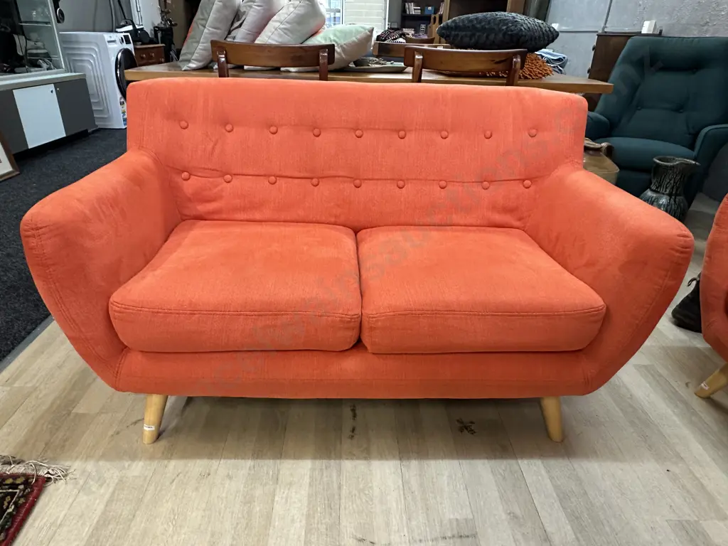 Orange Button Back Fabric 2 Seater Sofa With Naked Wooden Legs Image 1++