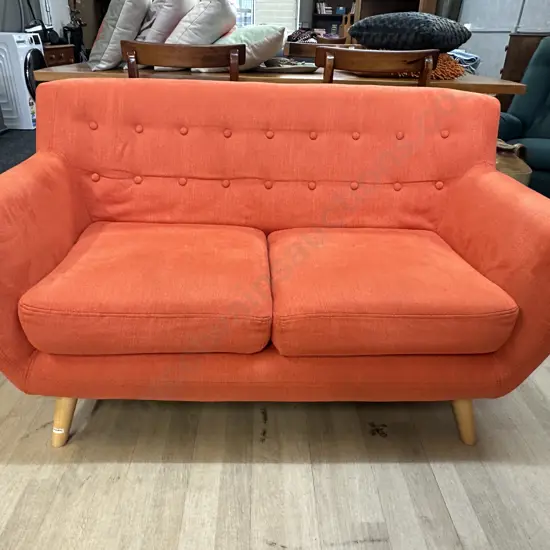 Orange Button Back Fabric 2 Seater Sofa With Naked Wooden Legs