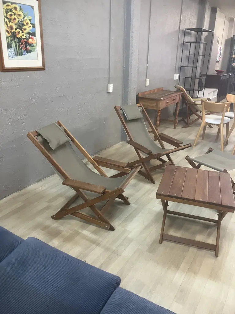 Pair of 'Bottoms Up' NZ Made Hardwood Deck Chairs With Foot Stools, Fawn Colour Upholstered With One Table Top Image 1++
