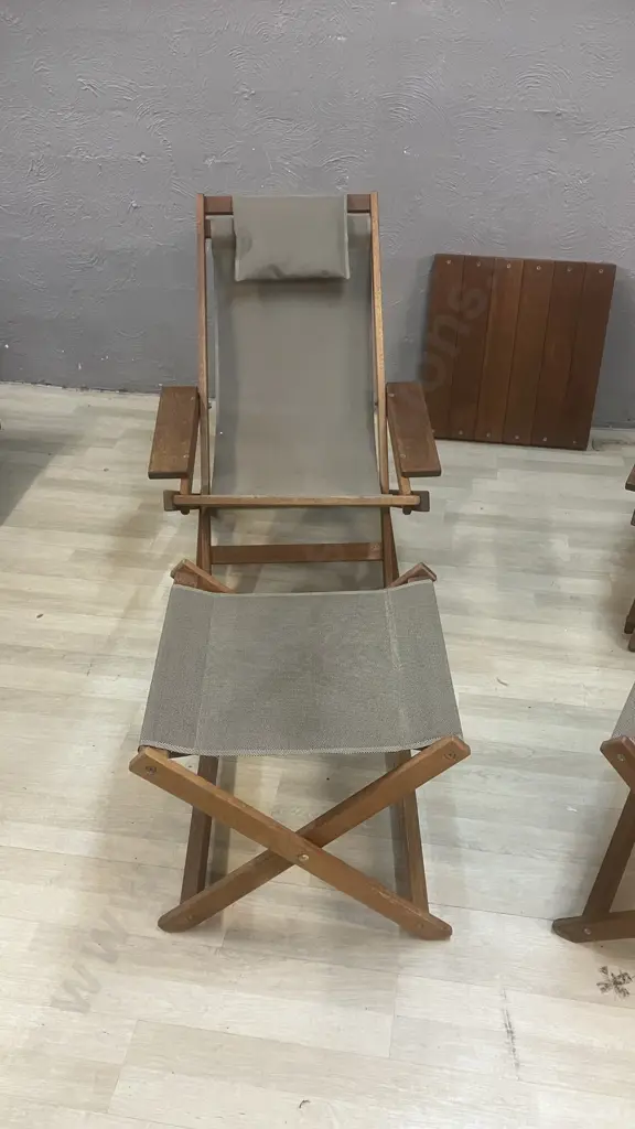 Pair of 'Bottoms Up' NZ Made Hardwood Deck Chairs With Foot Stools, Fawn Colour Upholstered With One Table Top Image 1++