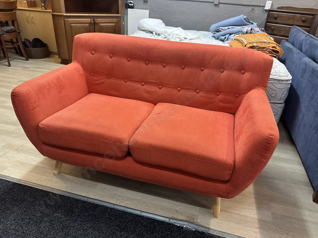 Orange Button Back Fabric 2 Seater Sofa With Naked Wooden Legs Image 1++