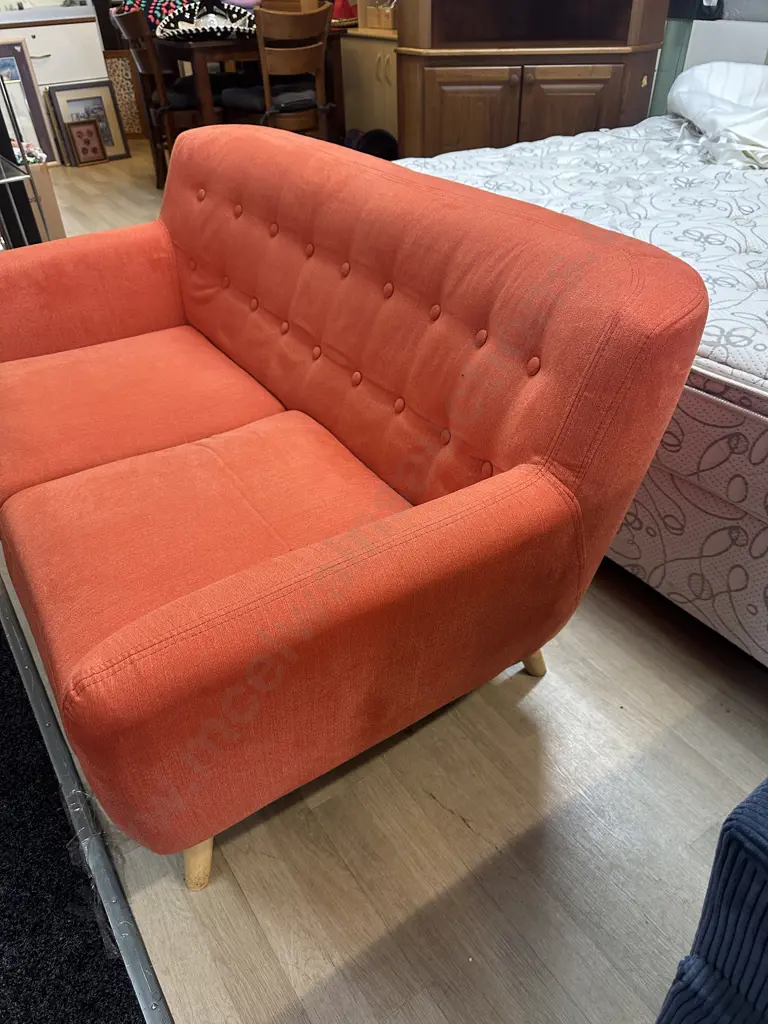 Orange Button Back Fabric 2 Seater Sofa With Naked Wooden Legs Image 1++