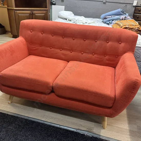 Orange Button Back Fabric 2 Seater Sofa With Naked Wooden Legs