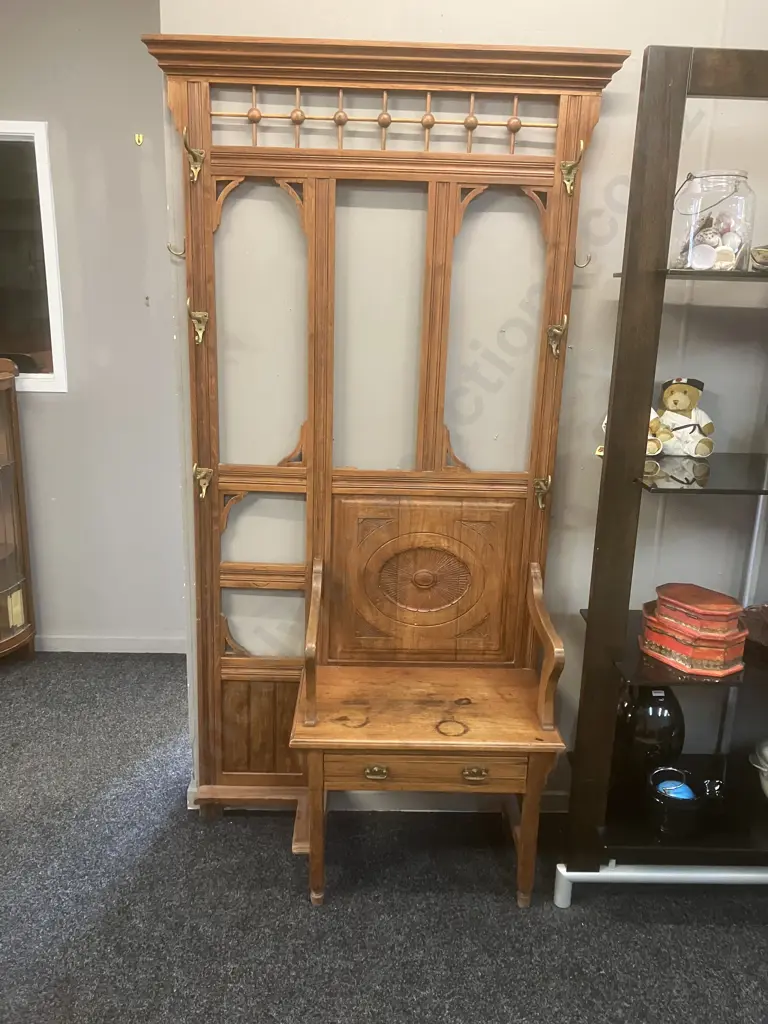 Antique Hallstand, Single Drawer, Carved detail, Brass Coat Hooks. H191 W103 D38cm (As Found) Image 1++